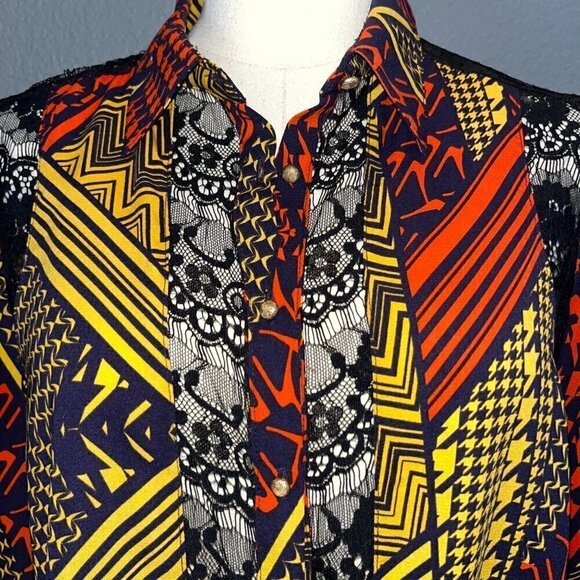 Anthropologie Anthro SKIES ARE BLUE Abstract Sheer Lace Button Up Shirt Top - L - Picture 2 of 10